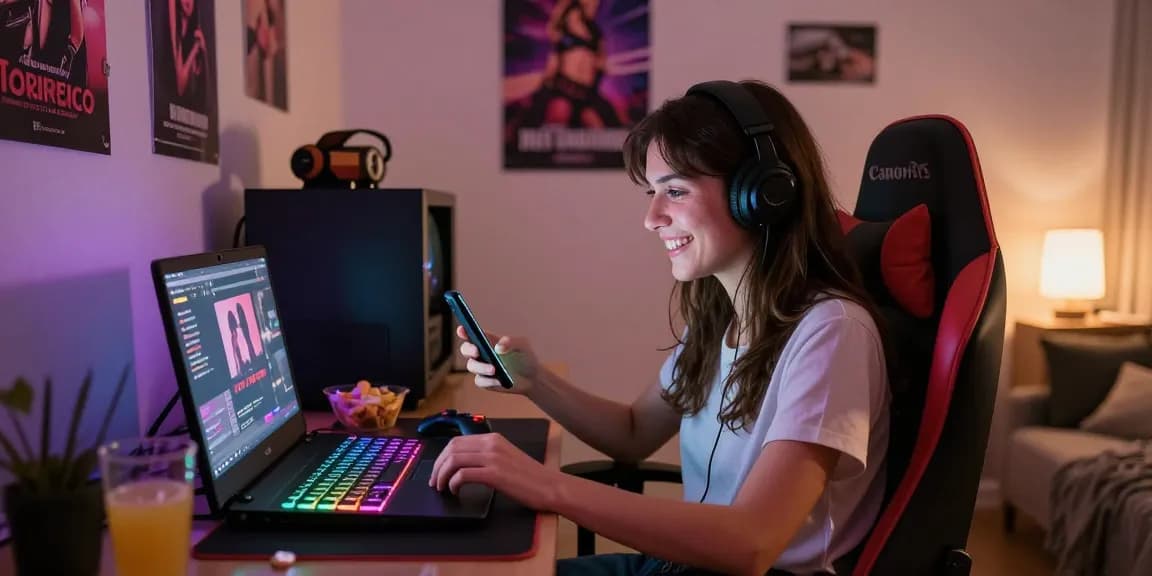 Excited player immersed in porn games html on laptop in cozy gaming setup.