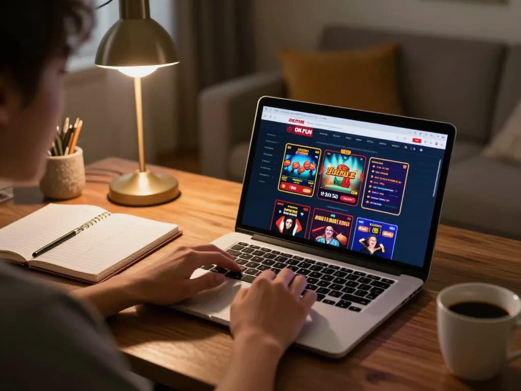 Engaging in online gambling, okfun đăng nhập on a laptop surrounded by strategy notes and warm lighting