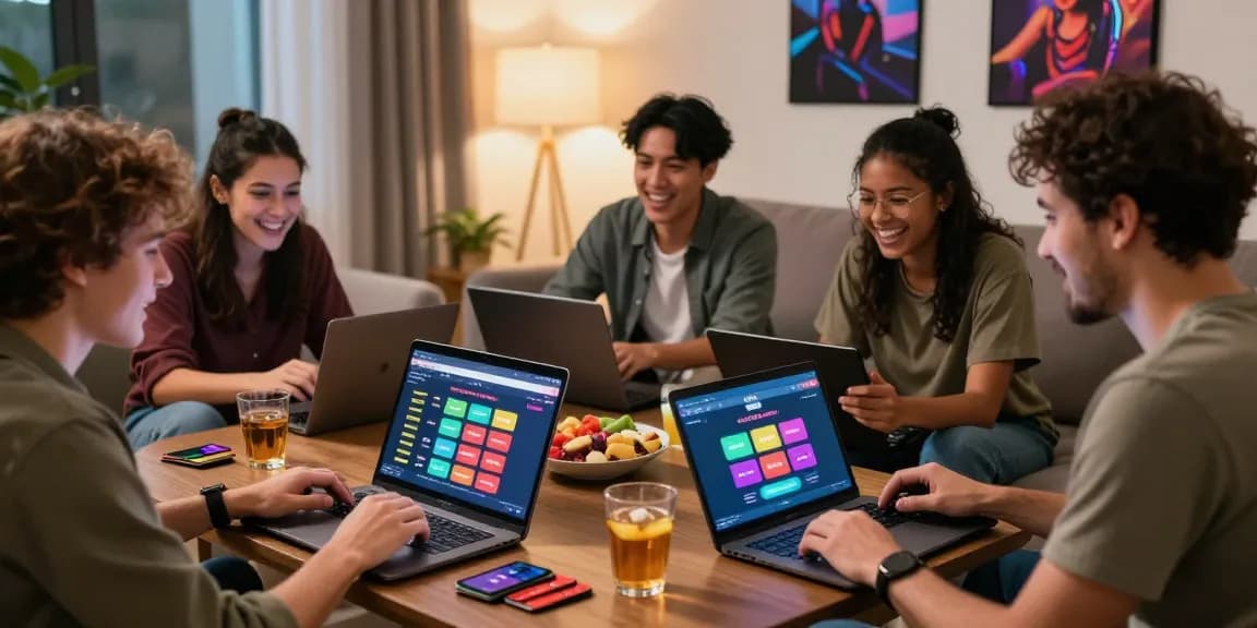 Gruppe, die einen lebhaften Gaming-Abend zu Hause genießt, mit Fokus auf Excitement und Strategie im Paysafe Card Casino.