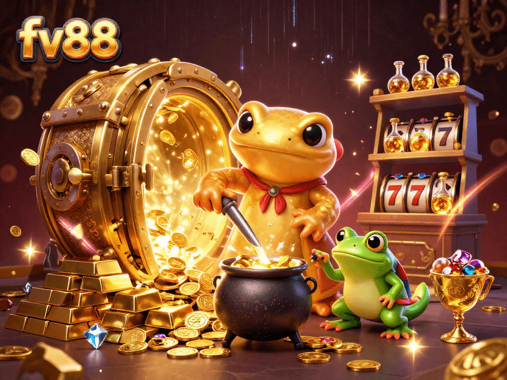 Spin the reels for fortune at fv88 with vibrant gold coins and jackpot elements.