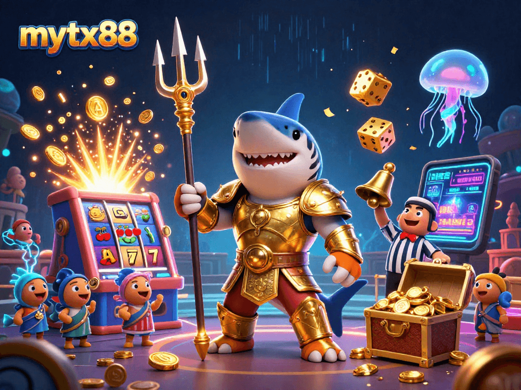 Experience the excitement of mytx88 with a thrilling underwater casino scene featuring a tiger shark, showcasing vibrant games and triumphs.