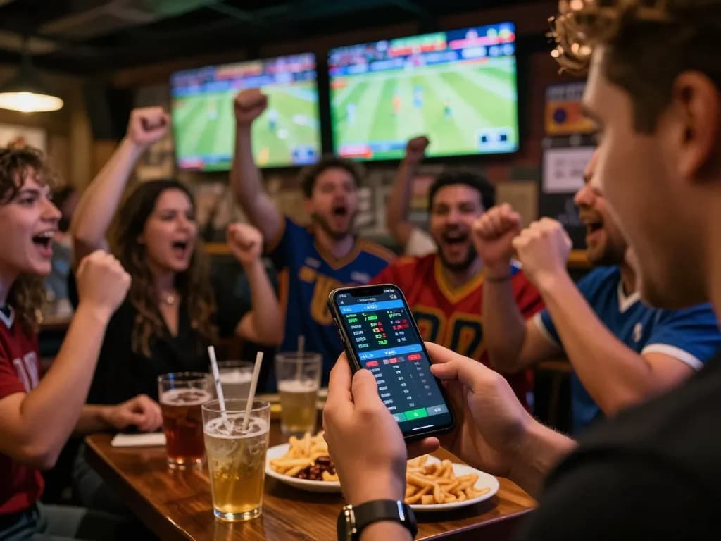Sports fans engaging in live betting using the 789bet app, surrounded by screens showing thrilling game action.