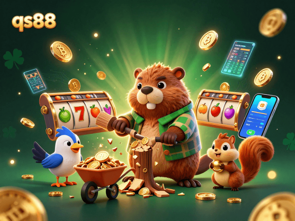 Experience winning with qs88 in a vibrant 3D cartoon casino scene filled with gold coins and slot symbols.