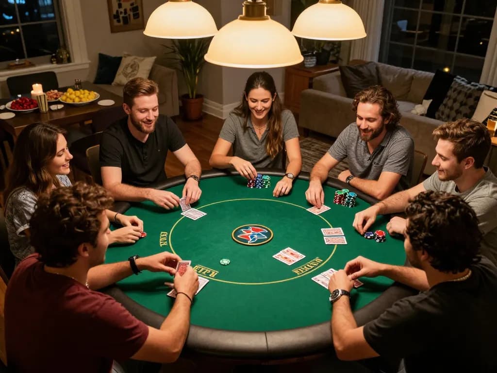 Friends enjoying a home poker night at Vipwin, strategizing over cards and chips at a cozy table.
