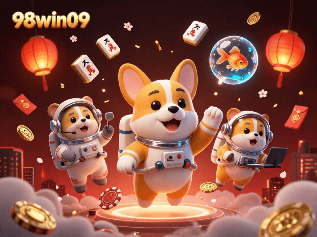 Experience thrilling gaming at 98win09 with an astronaut corgi in a vibrant casino scene.