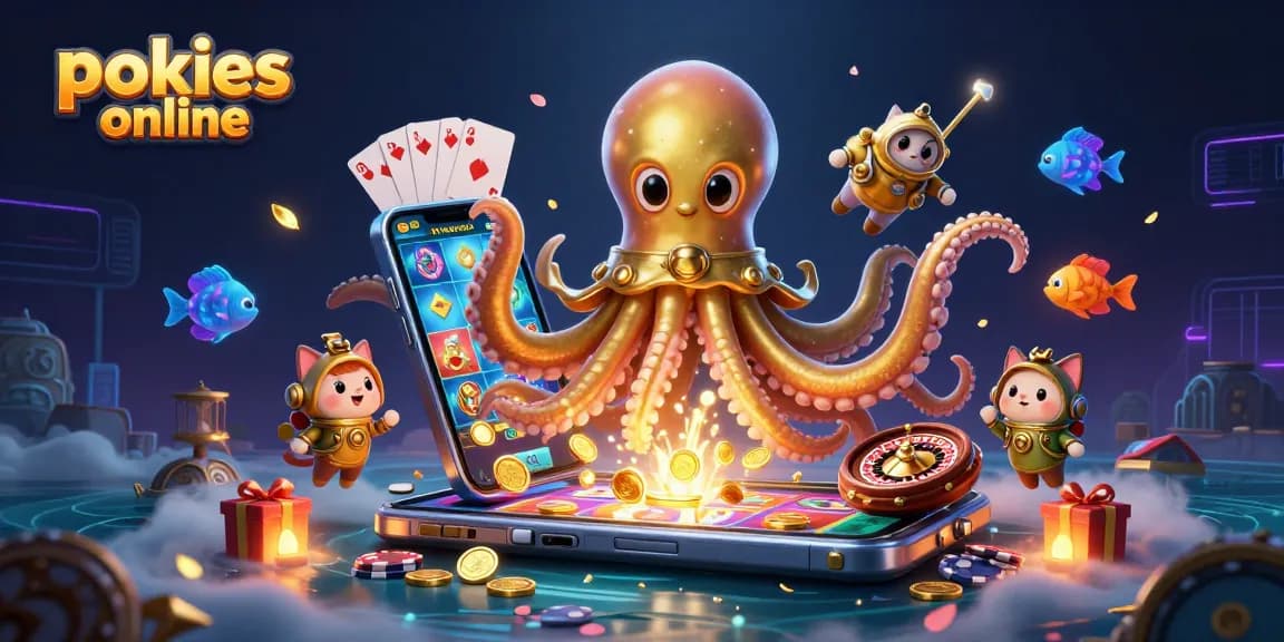 Engage with pokies online featuring a colossal kraken and vibrant casino elements in a rich, colorful scene.