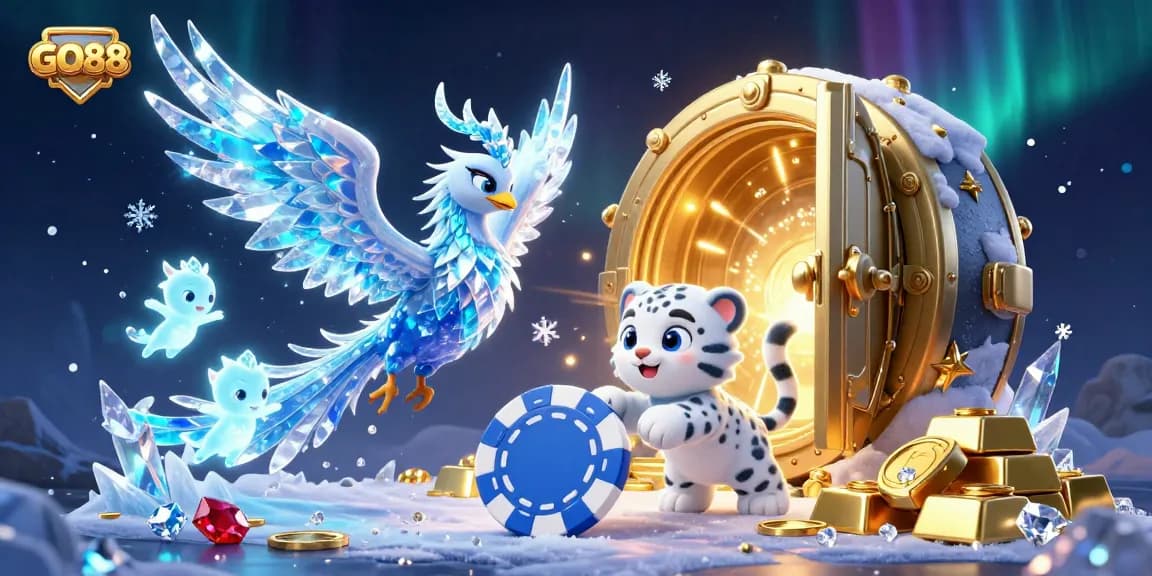 Experience the thrill of GO88 with vibrant characters and dazzling casino elements in a captivating 3D illustration.