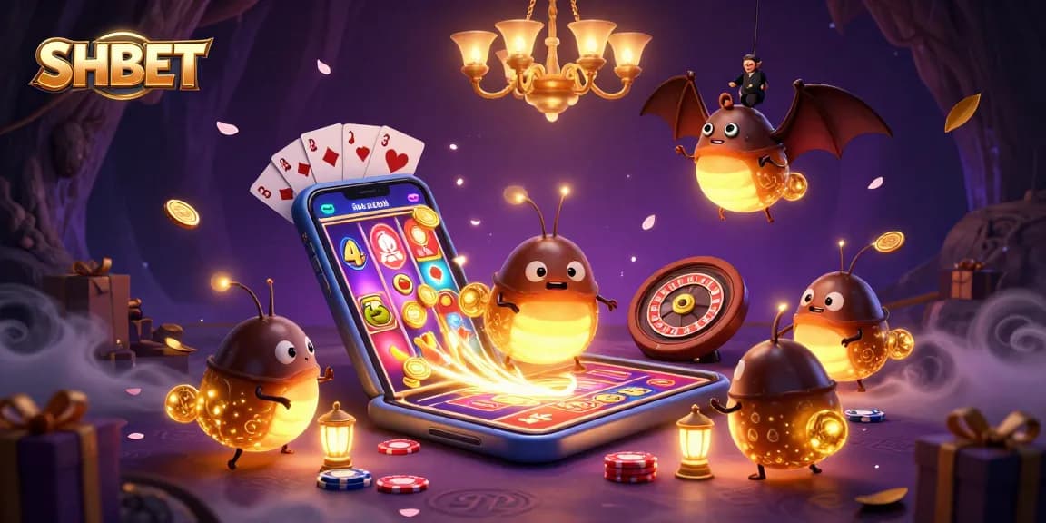 Experience the vibrant glow of SHBET casino with a cave illuminated by magical glowworms and a bat dealer.