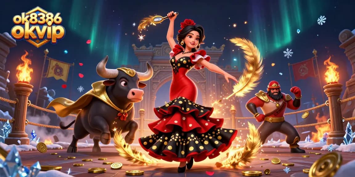 Engage in thrilling gameplay with ok8386 okvip and stunning casino visuals featuring a flamenco dancer and bull.
