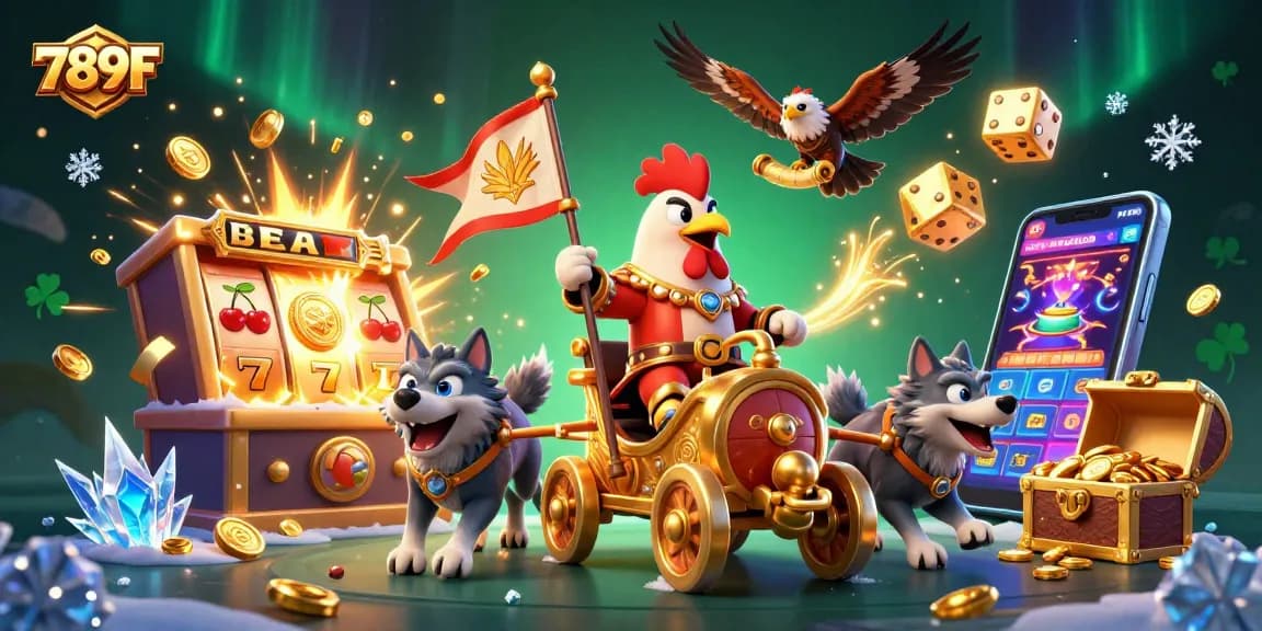 Experience the excitement of 789F with a dynamic scene of a rooster warlord and casino elements bursting with energy.