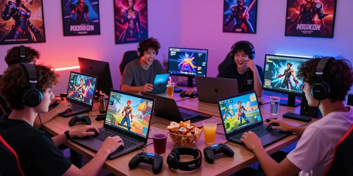 Engaged gamers exploring real hentai games on various devices in a vibrant, colorful gaming space.