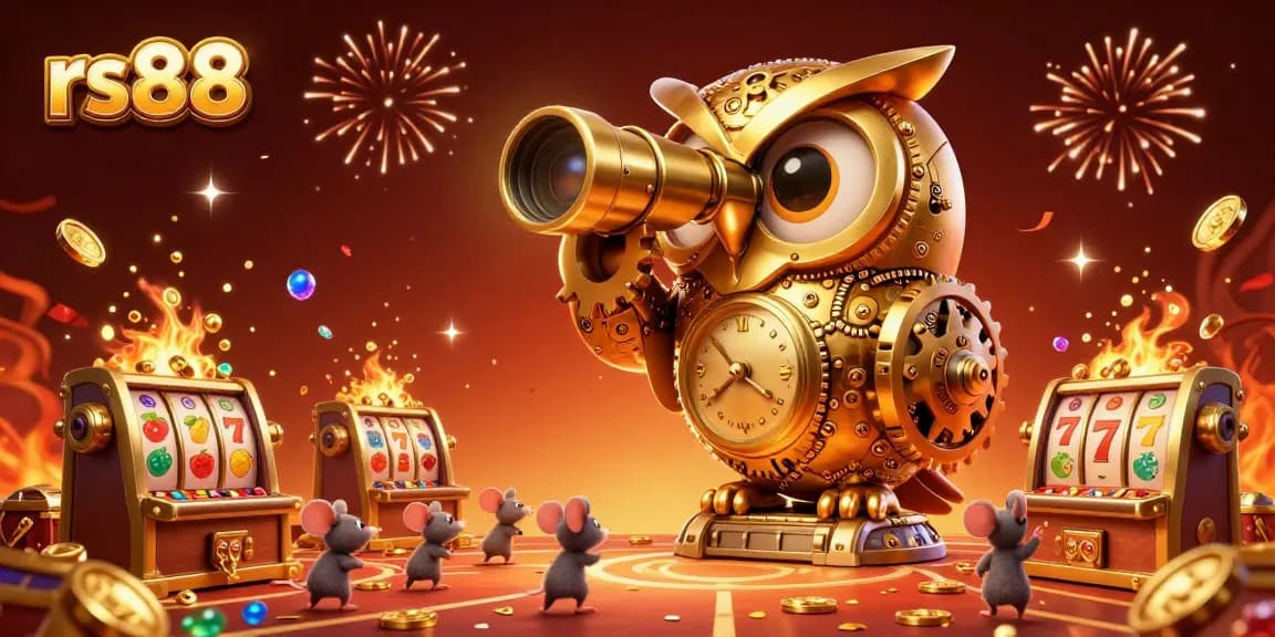 Join the vibrant casino fun at rs88 with a golden owl overseeing the action and dynamic slot machines.