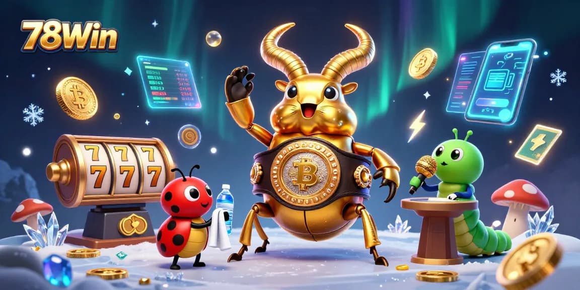 Experience high-energy gaming action at 78Win with vibrant illustrations of crypto elements and exciting casino atmosphere.