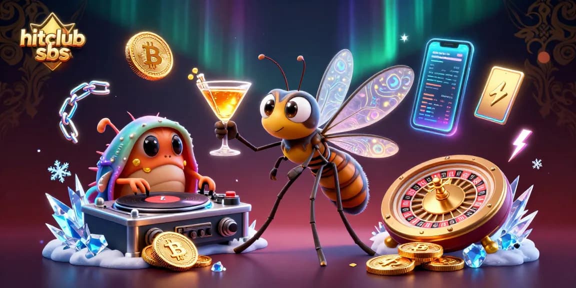 Engage with hitclub sbs through a vibrant 3D casino scene featuring unique characters and crypto elements.