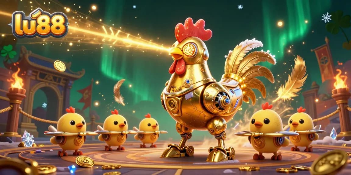 Experience thrilling gambling action with lu88's retro-futuristic characters amidst vibrant casino elements.