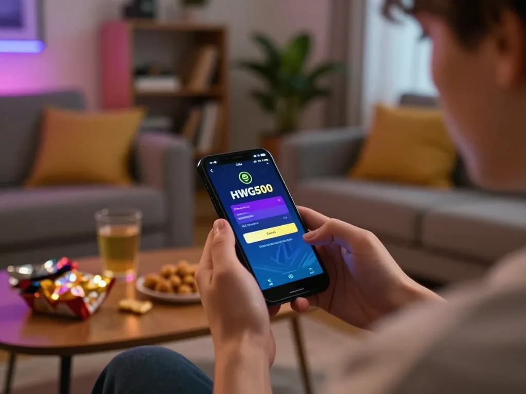 Engaging with HWG500 login on smartphone in a cozy home setting during online gaming