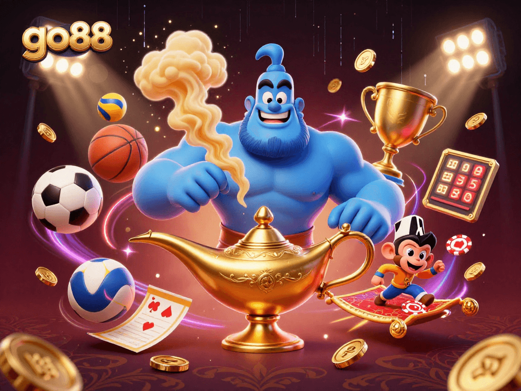 go88 sports betting illustration with a powerful blue genie and vibrant casino elements