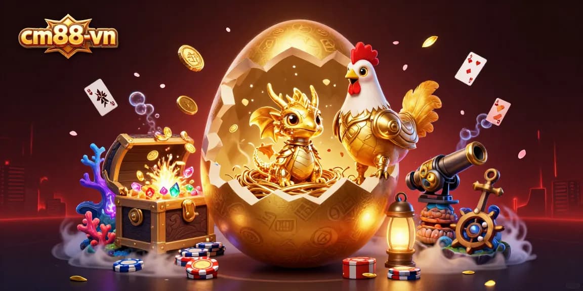 Engage the magical world of cm88-vn as a baby dragon emerges from a golden egg in a vibrant casino scene.