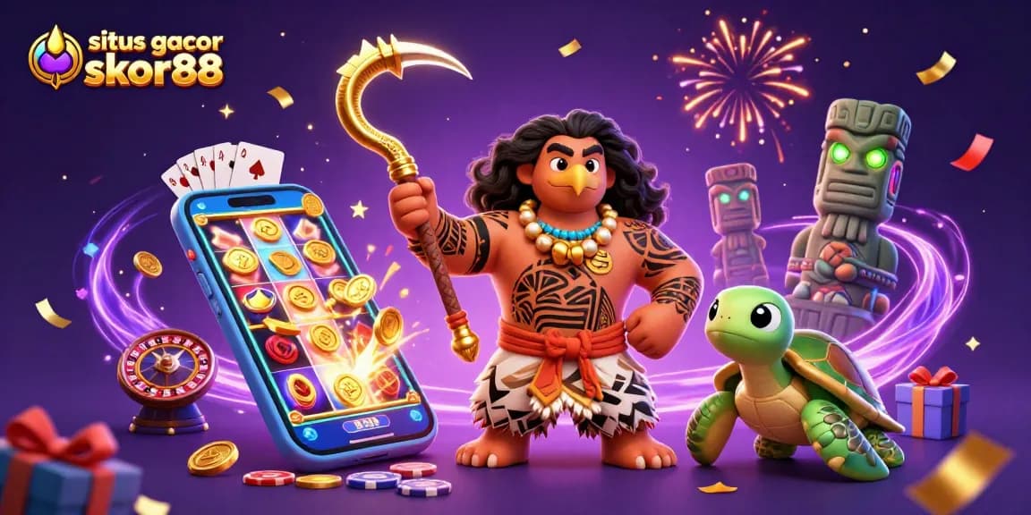 Situs gacor skor88 showcases vibrant gameplay with a Polynesian demigod and turtle in a magical casino world.