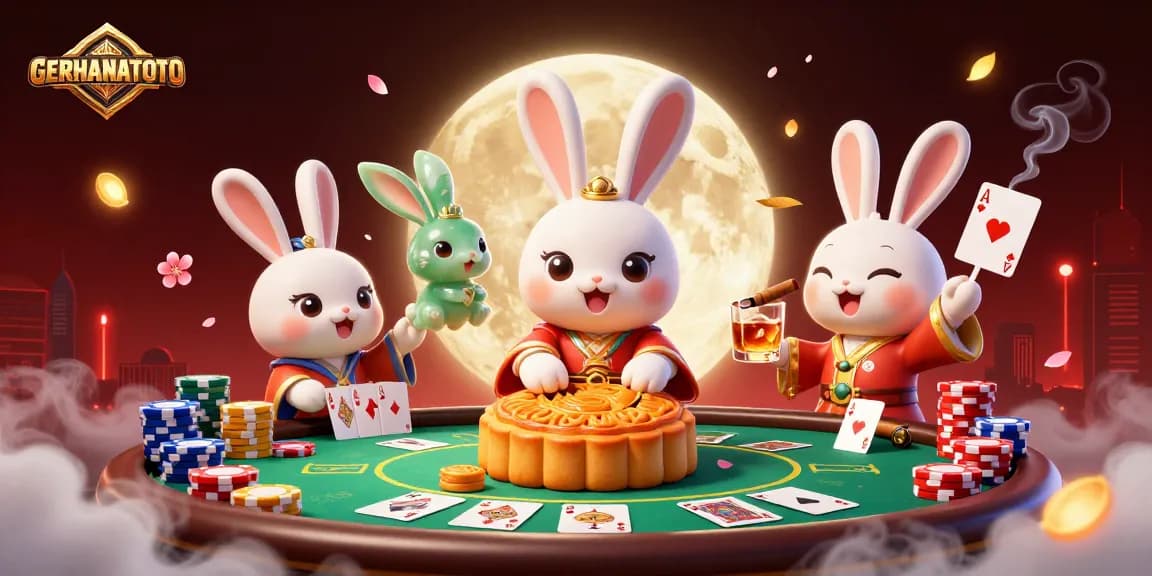 GERHANATOTO menampilkan kelinci bulan tradisional dengan chip poker di bulan yang bercahaya.