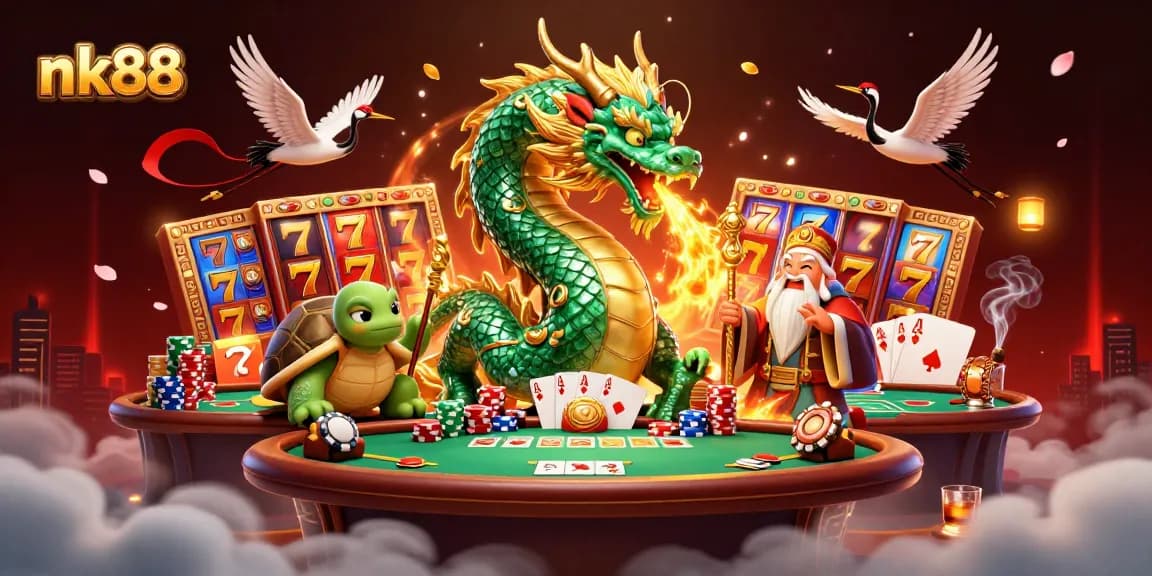 Engage in thrilling games at nk88 with an emerald jade dragon and lively casino characters.