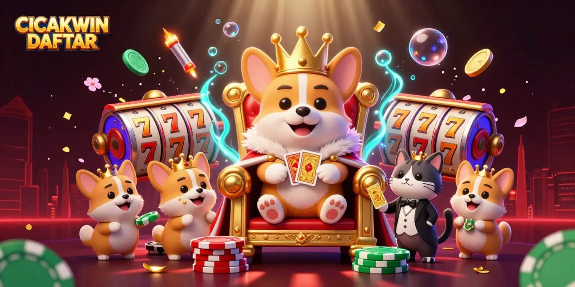 CICAKWIN DAFTAR presents an energetic 3D scene of a royal corgi surrounded by vibrant slot reels.