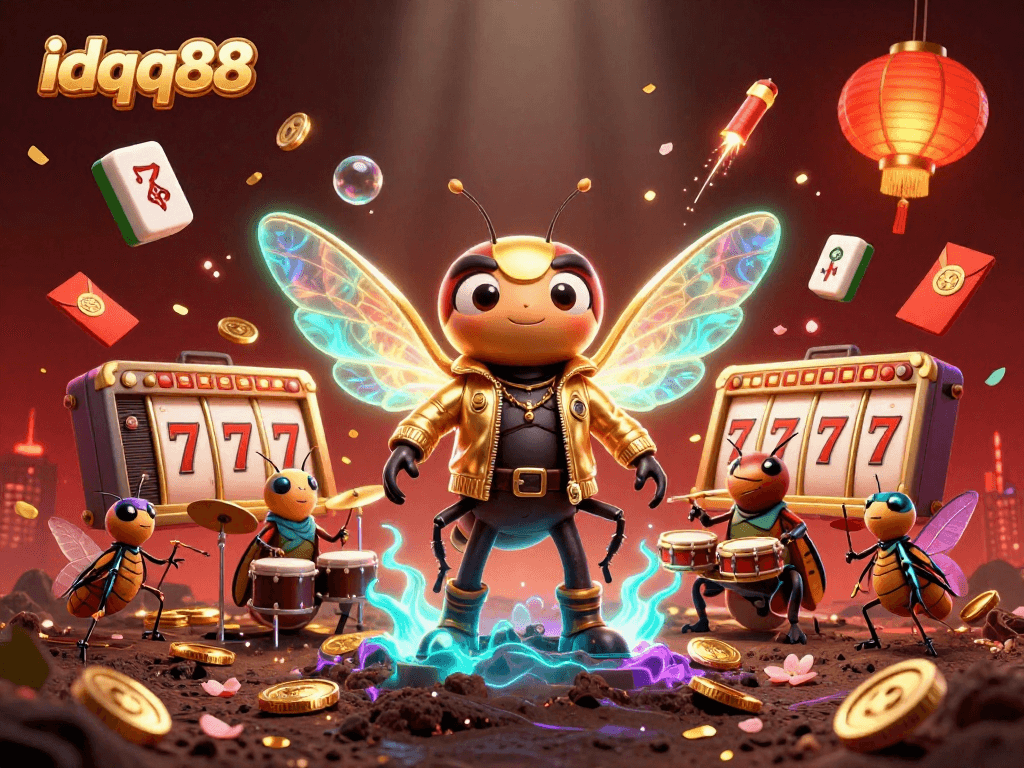 Experience thrilling slots with idqq88's vibrant 3D illustration of a rock star cicada and dynamic casino elements.
