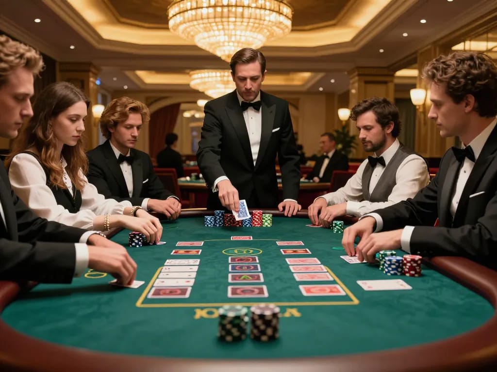 Engaged players at a blackjack table showcasing strategy on 98win com, with chips and cards in action