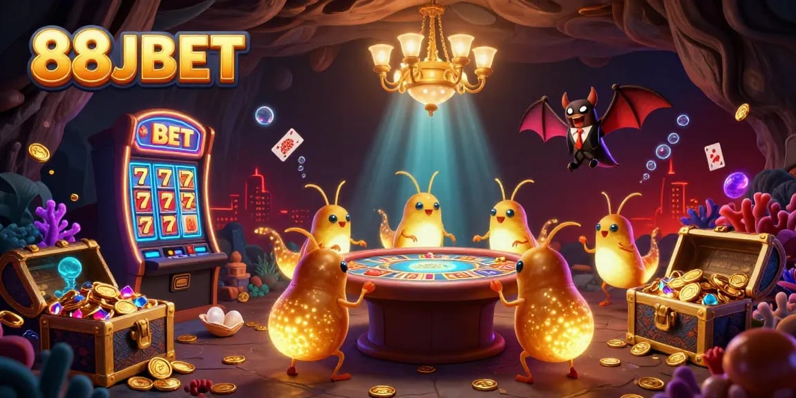 Engage with exciting slot thrills at 88JBET featuring glowworms lighting a vibrant casino scene.