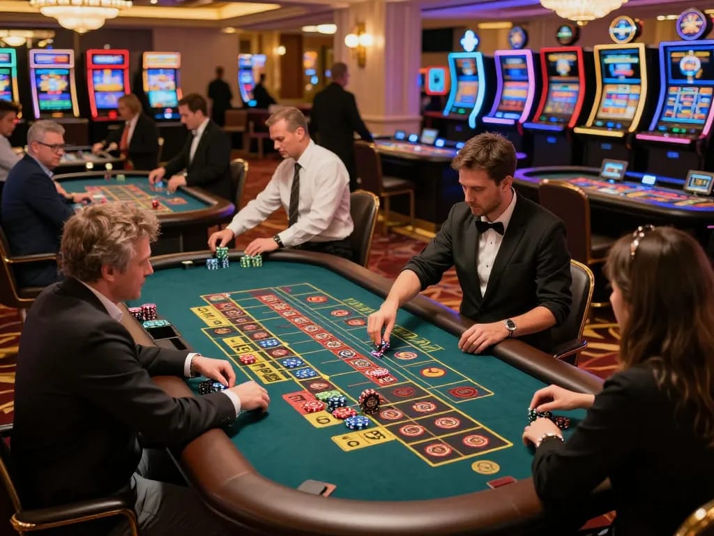 Go88 players engaging in exciting roulette gameplay, colorful chips on tables showcasing dynamic action.
