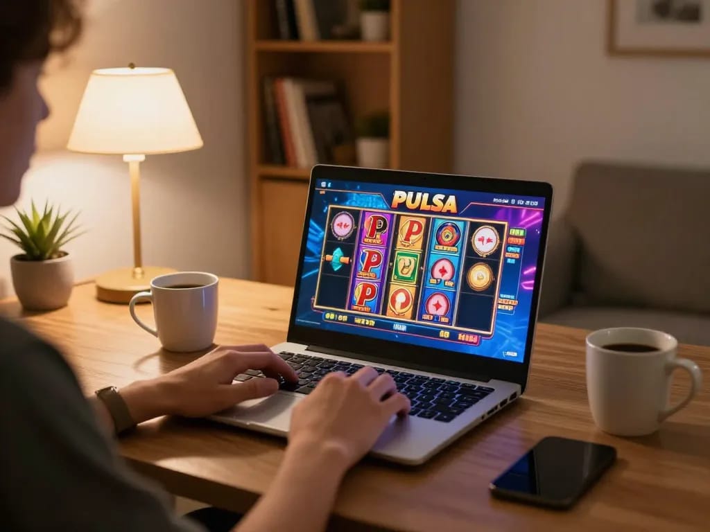 Engaging online gaming scene with slot pulsa game displayed on laptop screen.
