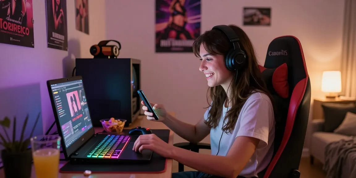 Excited player immersed in porn games html on laptop in cozy gaming setup.