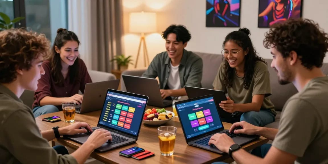 Gruppe, die einen lebhaften Gaming-Abend zu Hause genießt, mit Fokus auf Excitement und Strategie im Paysafe Card Casino.