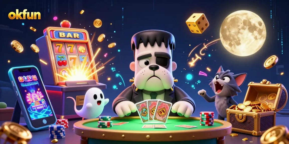 Engage with exciting games at okfun through a vibrant casino scene featuring dynamic characters.