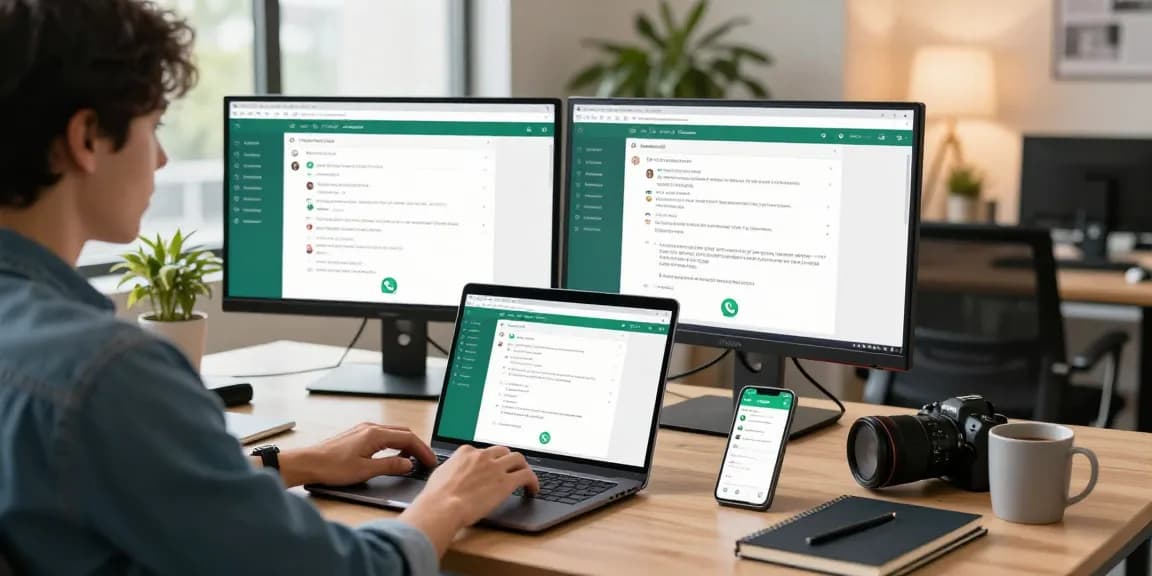 Engaging with WhatsApp網頁版 on a modern workspace, featuring a laptop and smartphone for effective communication.