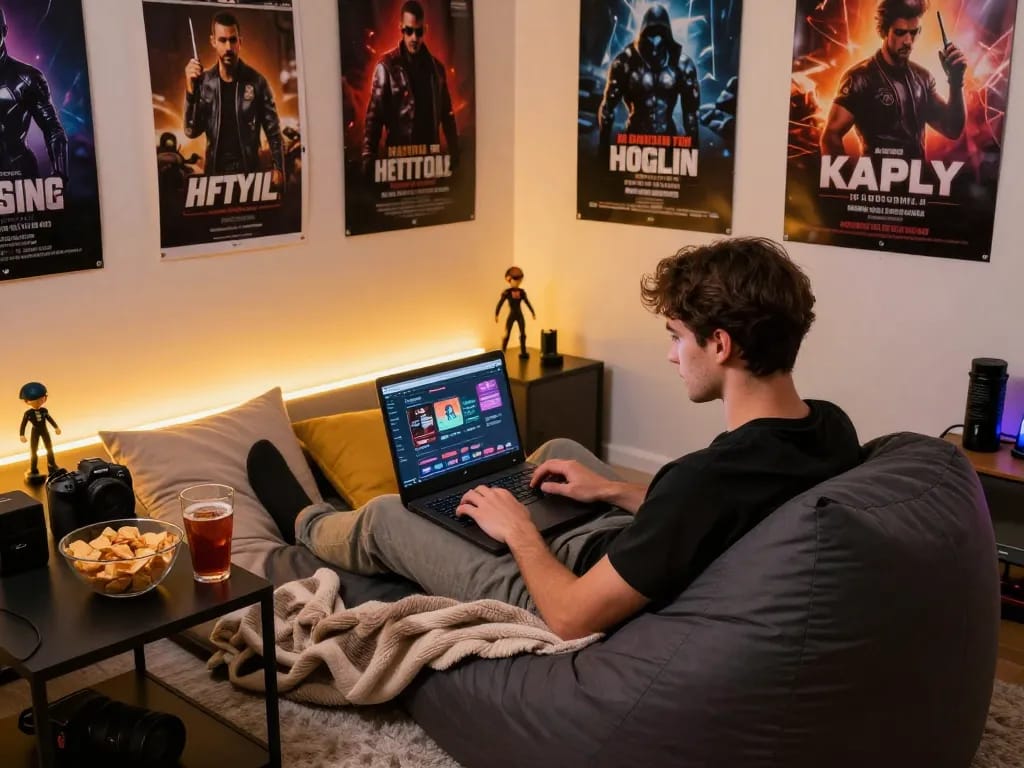 Engaging scene of a young man playing html porn games on a laptop in a cozy gaming corner.