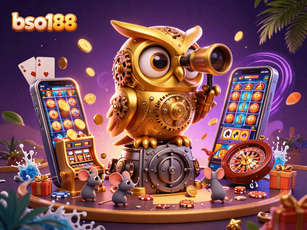 bso188 casino scene featuring a massive clockwork owl and wind-up mice with vibrant games and details