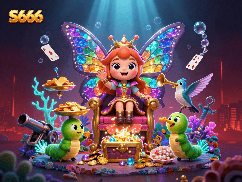 Engage in thrilling gameplay with S666, featuring colorful characters and dynamic casino elements in a vibrant scene.