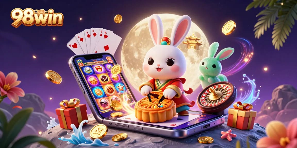 Join the exciting world of 98win, where the moon rabbit unveils poker chips amidst vibrant casino elements.