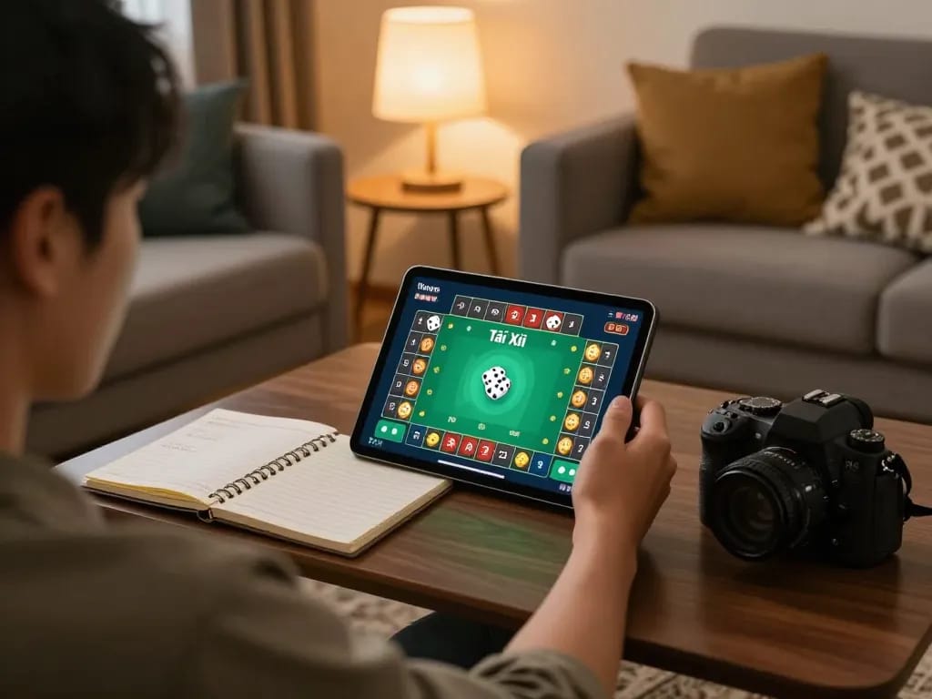 Tài Xỉu online being played on a tablet in a cozy home setting, demonstrating engaging online gambling.