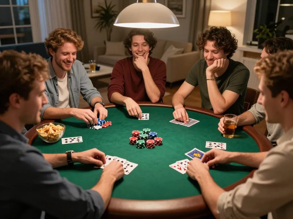 B52 Club poker night with friends enjoying lively gameplay, showcasing camaraderie and strategic betting.