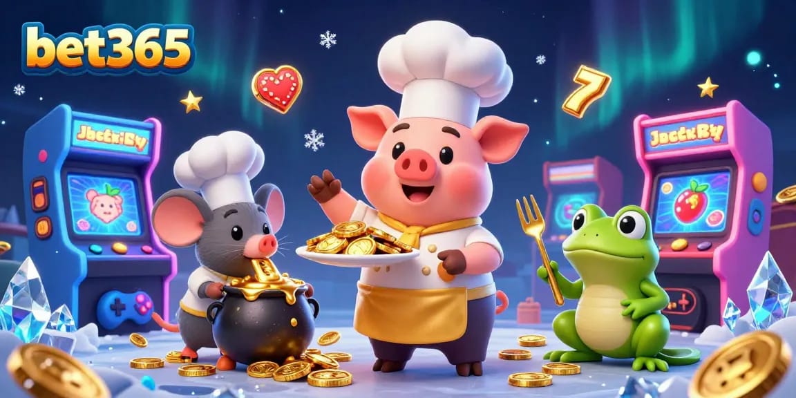 Bet365 chef pig serving a platter of gold coins in a vibrant casino scene with arcade elements.