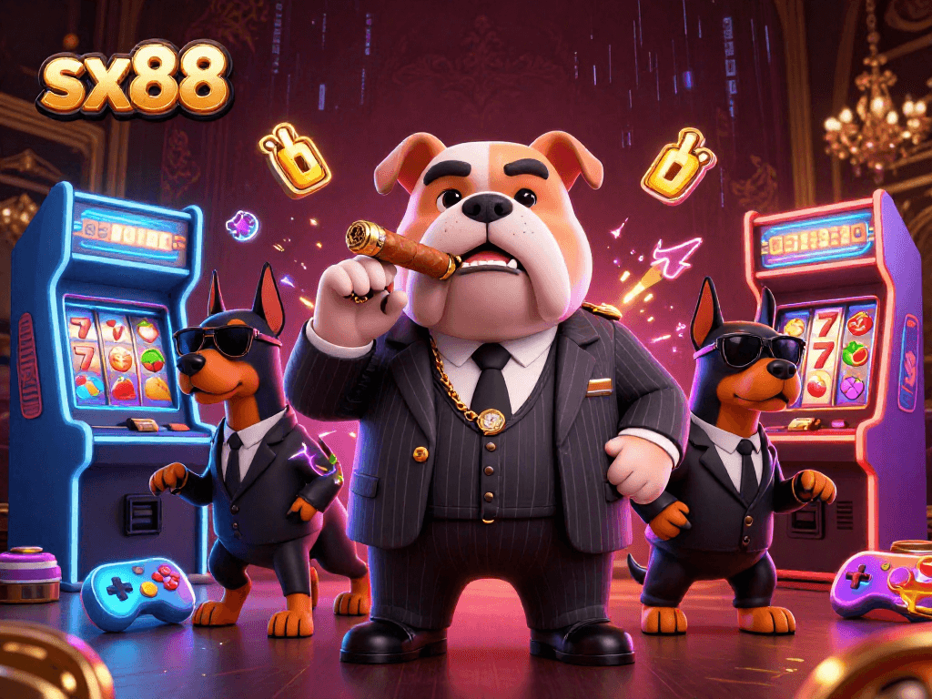 Engage in thrilling gameplay at sx88 with a vibrant 3D mafia scene, featuring gaming machines and rich casino elements.