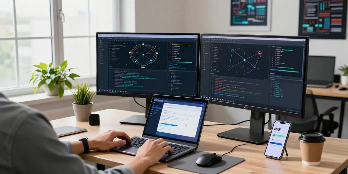 快连 app interface on a developer's desk with dual monitors in a modern workspace showcasing network optimization.