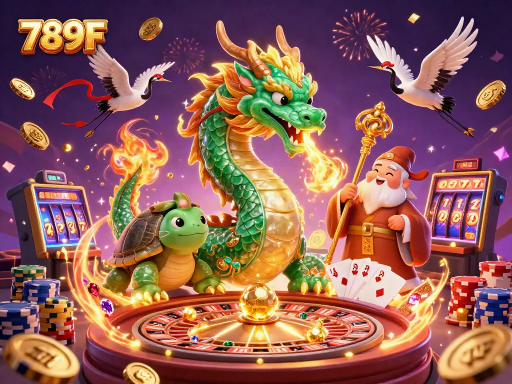 Experience excitement with 789F, featuring a jade dragon and dynamic casino elements in a vibrant scene.