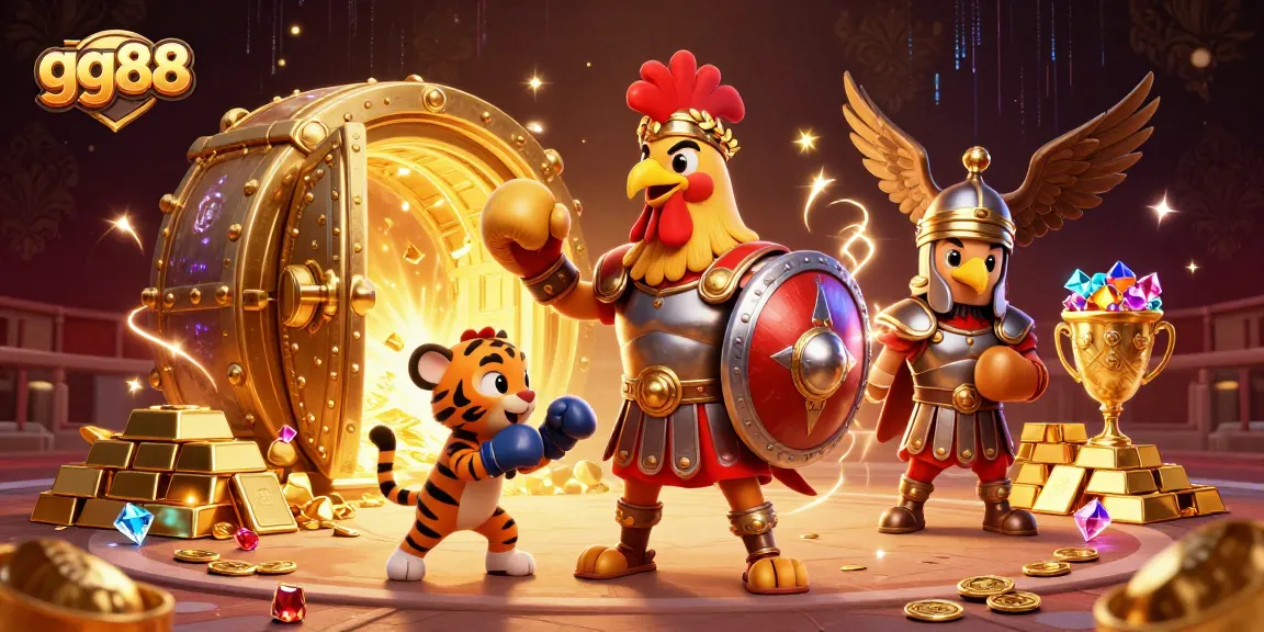Experience the thrilling adventures of gg88 with a lively casino scene featuring a gladiator rooster and treasure vaults.