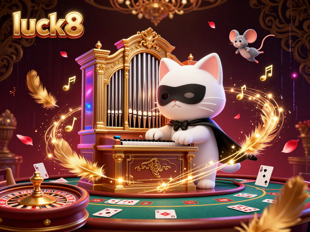 Engage in the thrill of luck8 casino as a masked cat plays the organ amidst swirling golden elements and acrobats.