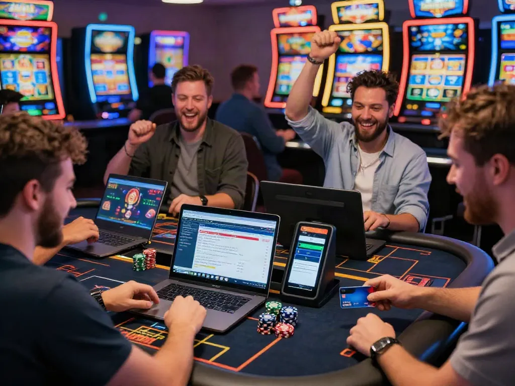 Engaging players at credit card casino sites using laptops and smartphones in a lively online gaming atmosphere.
