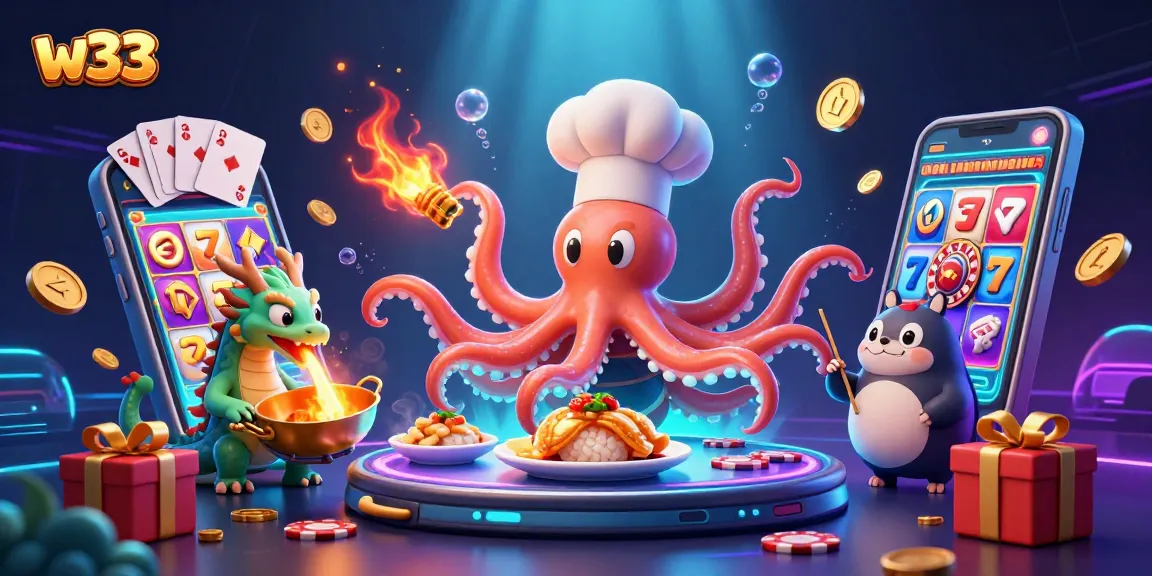 Exciting w33 casino scene featuring a sushi chef octopus, dragon, and tanuki surrounded by slot games, coins, and playing cards.
