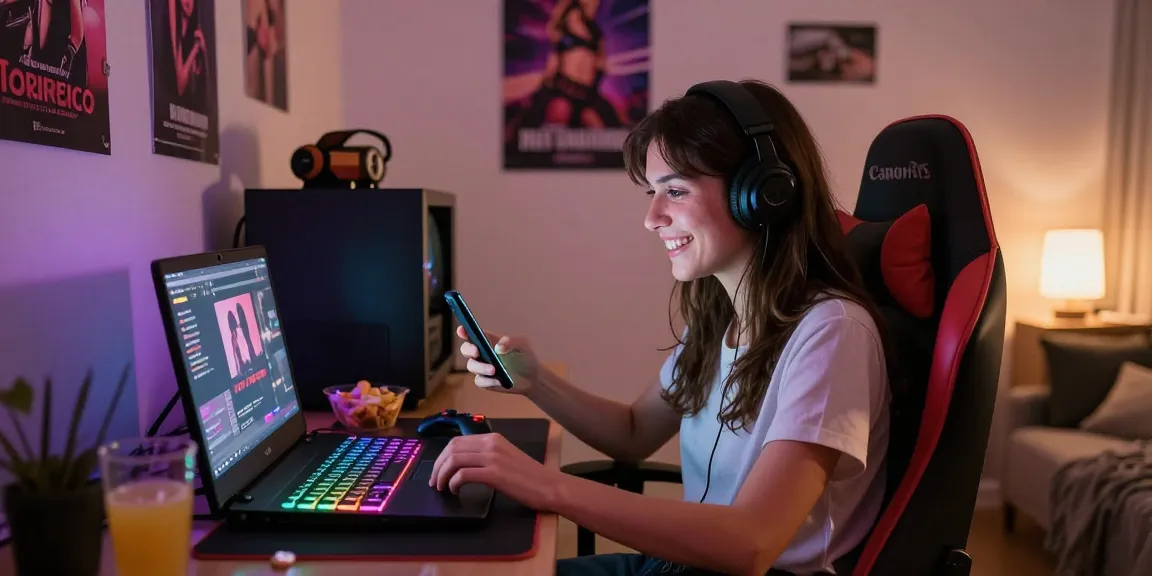 Excited player immersed in porn games html on laptop in cozy gaming setup.